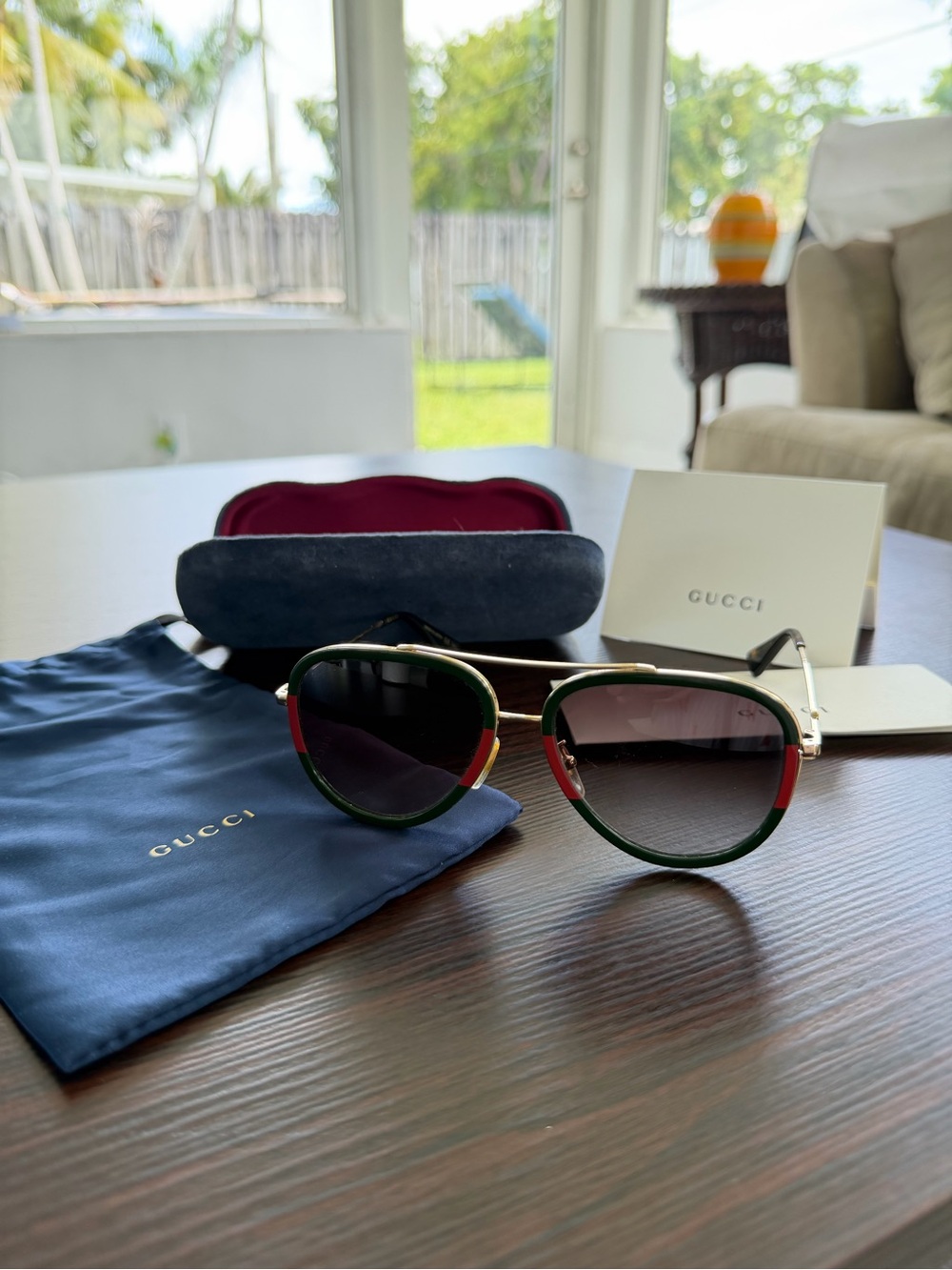 Gucci GG0062S Green & Red Trim Aviator Sunglasses with Gradient Lenses